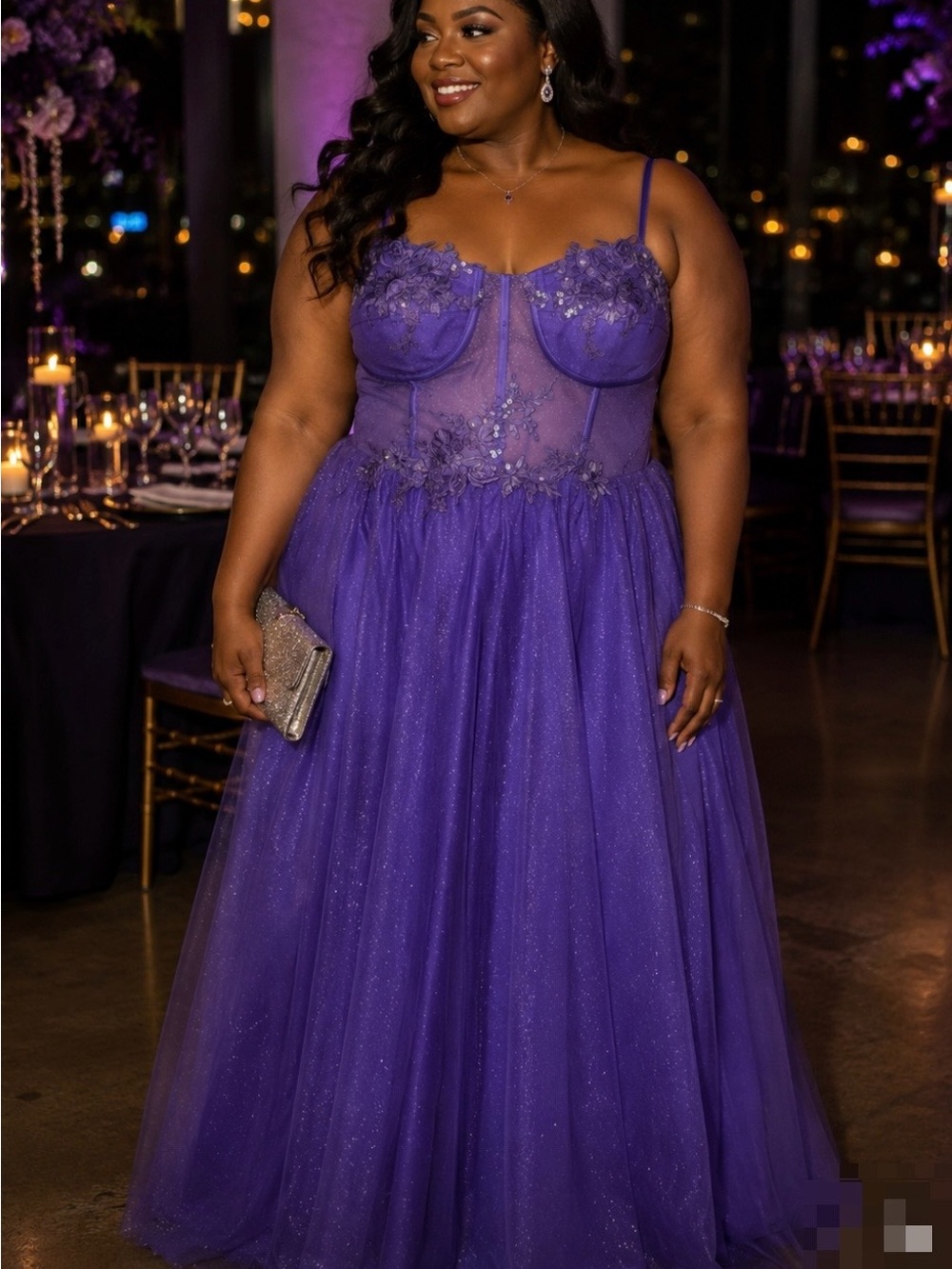 Plus Size Purple Tulle Evening Gown with Mesh Bodice